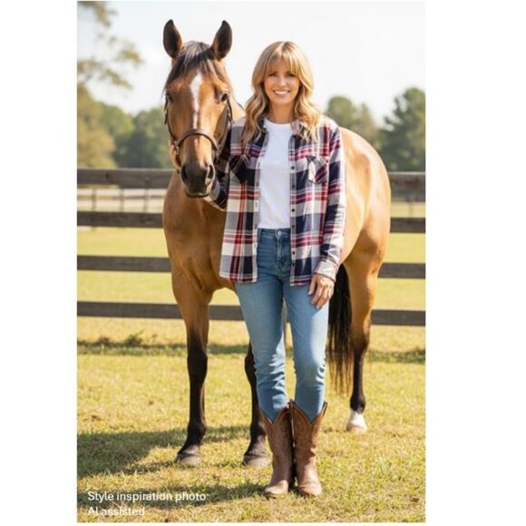 CLEO, Plaid navy/burgundy button down top with slight metallic thread detailing - Picture 2 of 8